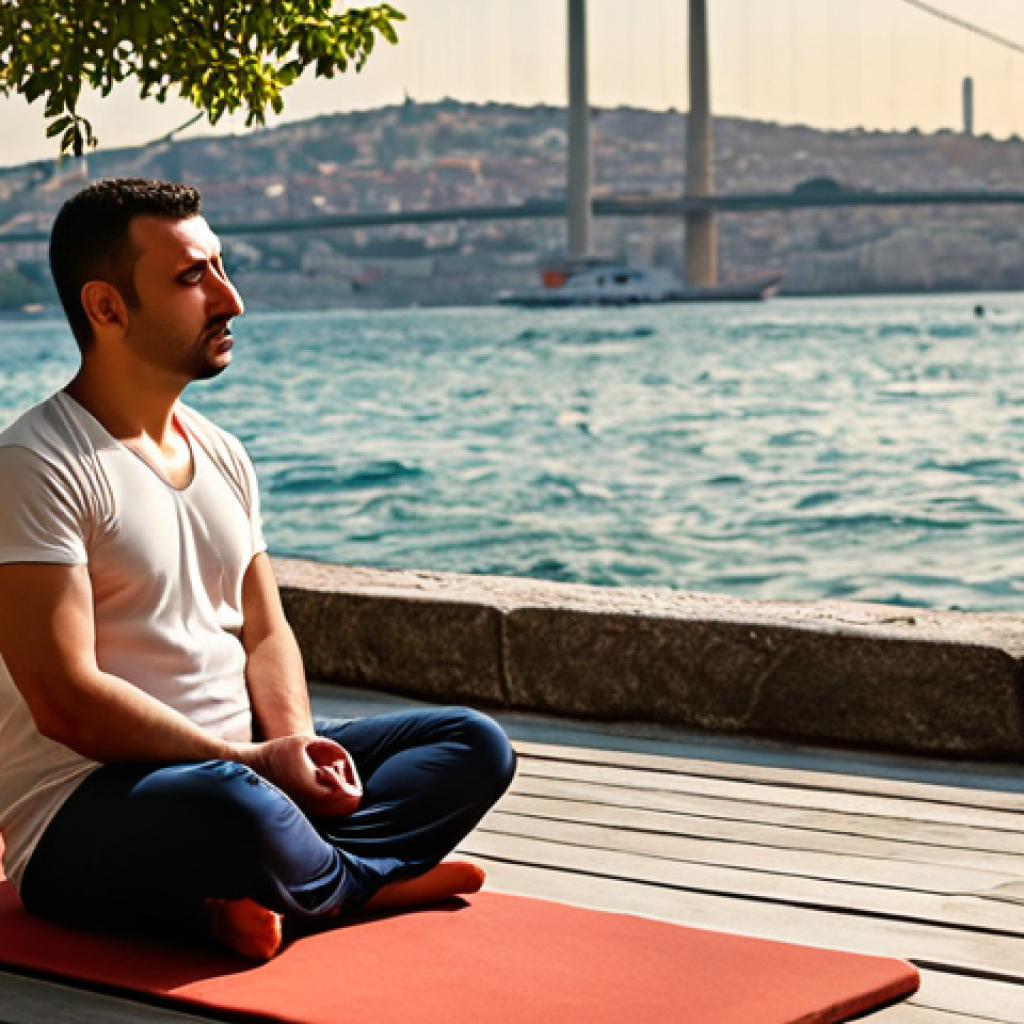 **A serene individual practicing mindfulness meditation by a tranquil Bosphorus view, emphasizing emotional well-being and stress reduction techniques in a Turkish context. Depict warm, calming colors.**