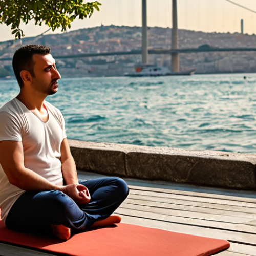**A serene individual practicing mindfulness meditation by a tranquil Bosphorus view, emphasizing emotional well-being and stress reduction techniques in a Turkish context. Depict warm, calming colors.**