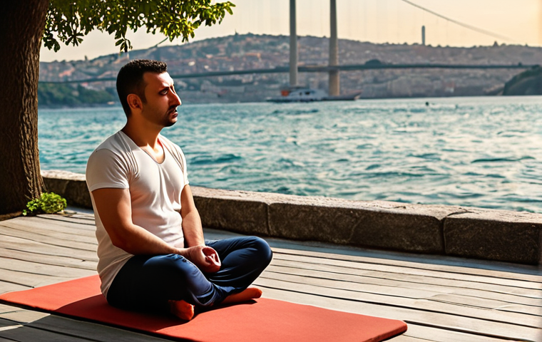 **A serene individual practicing mindfulness meditation by a tranquil Bosphorus view, emphasizing emotional well-being and stress reduction techniques in a Turkish context. Depict warm, calming colors.**
