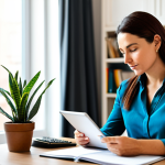 A focused professional woman, in her early 30s, dressed in a smart casual, modest blouse and tailored trousers. She is sitting comfortably at a clean, uncluttered desk, intently reviewing a financial planning application on a tablet, with a neatly organized notebook and pen beside her. Her expression is calm, confident, and reflective, showing a sense of control over her finances. The setting is a bright, modern home office with natural light streaming through a window, a subtle blurred background of bookshelves or a plant, suggesting a peaceful and productive atmosphere. Professional photography, high resolution, detailed, well-formed hands, proper finger count, perfect anatomy, natural body proportions, natural pose, fully clothed, modest clothing, appropriate attire, professional dress, safe for work, appropriate content, family-friendly.