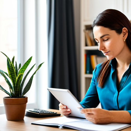 A focused professional woman, in her early 30s, dressed in a smart casual, modest blouse and tailored trousers. She is sitting comfortably at a clean, uncluttered desk, intently reviewing a financial planning application on a tablet, with a neatly organized notebook and pen beside her. Her expression is calm, confident, and reflective, showing a sense of control over her finances. The setting is a bright, modern home office with natural light streaming through a window, a subtle blurred background of bookshelves or a plant, suggesting a peaceful and productive atmosphere. Professional photography, high resolution, detailed, well-formed hands, proper finger count, perfect anatomy, natural body proportions, natural pose, fully clothed, modest clothing, appropriate attire, professional dress, safe for work, appropriate content, family-friendly.