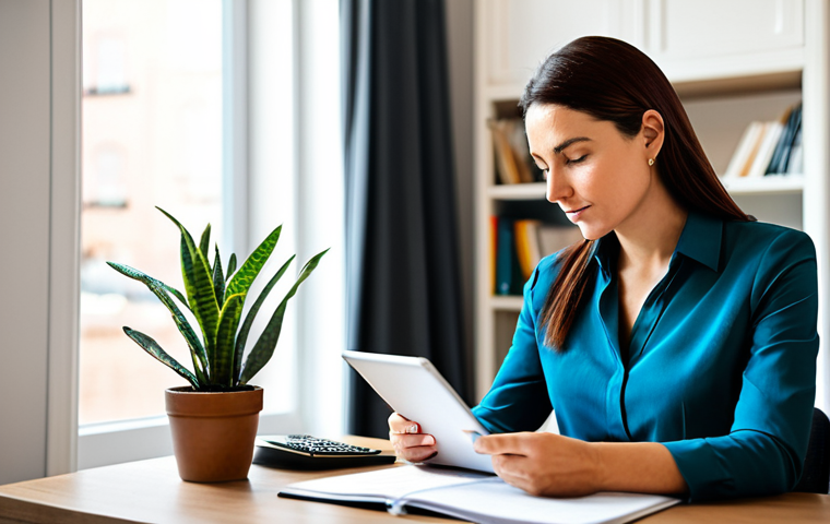 A focused professional woman, in her early 30s, dressed in a smart casual, modest blouse and tailored trousers. She is sitting comfortably at a clean, uncluttered desk, intently reviewing a financial planning application on a tablet, with a neatly organized notebook and pen beside her. Her expression is calm, confident, and reflective, showing a sense of control over her finances. The setting is a bright, modern home office with natural light streaming through a window, a subtle blurred background of bookshelves or a plant, suggesting a peaceful and productive atmosphere. Professional photography, high resolution, detailed, well-formed hands, proper finger count, perfect anatomy, natural body proportions, natural pose, fully clothed, modest clothing, appropriate attire, professional dress, safe for work, appropriate content, family-friendly.