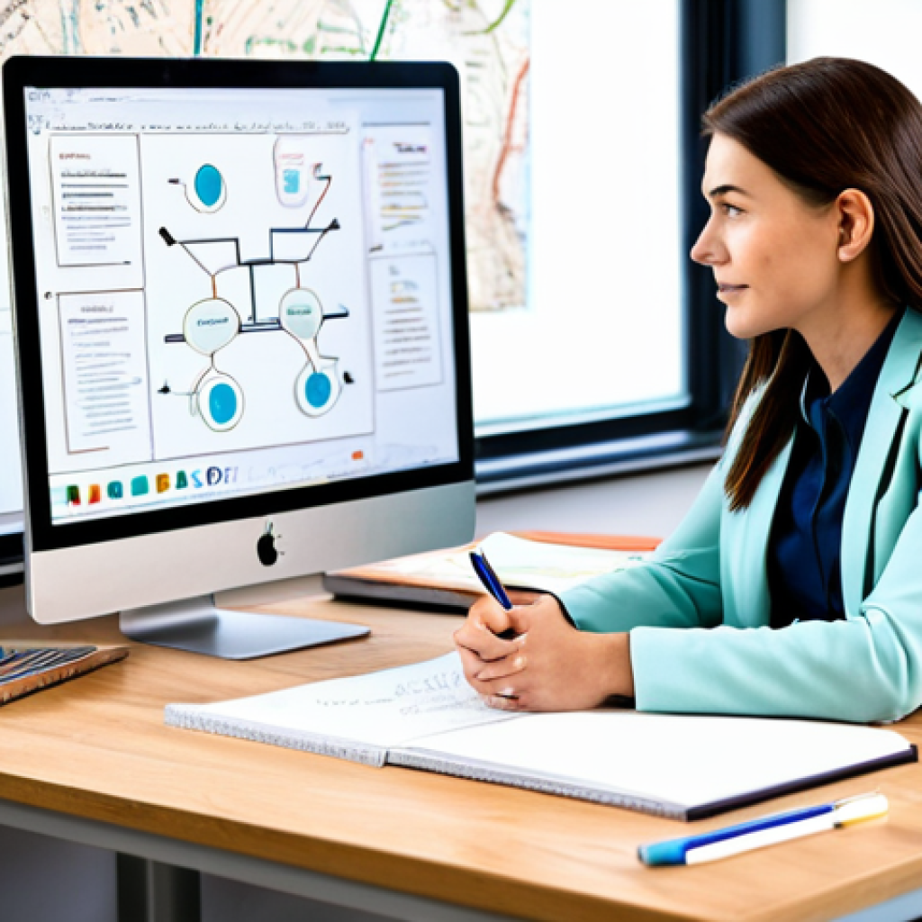 A focused professional woman, fully clothed in modest business casual attire, sits at a clean, modern desk. She is looking at a large digital mind map displayed on a computer monitor, illustrating various interconnected goals. Beside her, a cork board adorned with inspirational images, handwritten notes, and colorful drawings serves as a physical vision board. A notebook and a set of colorful pens are neatly placed on the desk, alongside a warm cup of coffee. The environment is bright and organized, with ample natural light. The woman has perfect anatomy, correct proportions, and a natural pose, with well-formed hands and proper finger count. The image conveys clarity, inspiration, and strategic planning. safe for work, appropriate content, fully clothed, professional dress, high quality, professional photography.