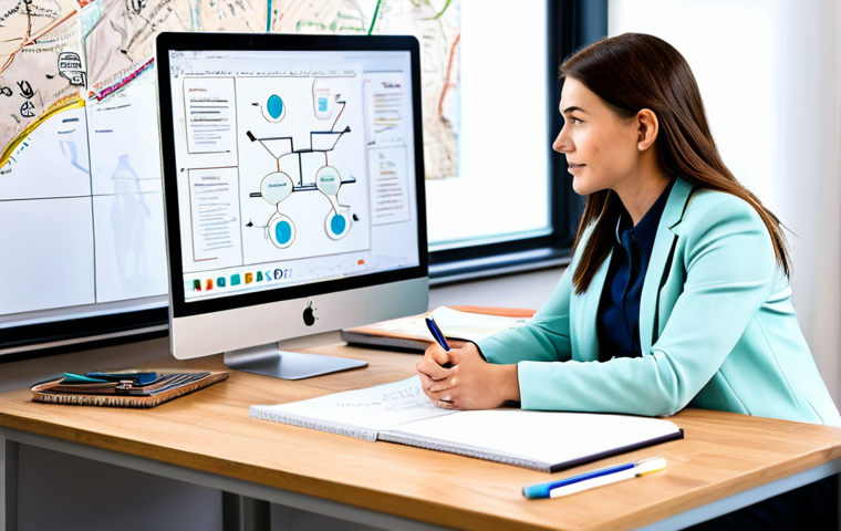 A focused professional woman, fully clothed in modest business casual attire, sits at a clean, modern desk. She is looking at a large digital mind map displayed on a computer monitor, illustrating various interconnected goals. Beside her, a cork board adorned with inspirational images, handwritten notes, and colorful drawings serves as a physical vision board. A notebook and a set of colorful pens are neatly placed on the desk, alongside a warm cup of coffee. The environment is bright and organized, with ample natural light. The woman has perfect anatomy, correct proportions, and a natural pose, with well-formed hands and proper finger count. The image conveys clarity, inspiration, and strategic planning. safe for work, appropriate content, fully clothed, professional dress, high quality, professional photography.