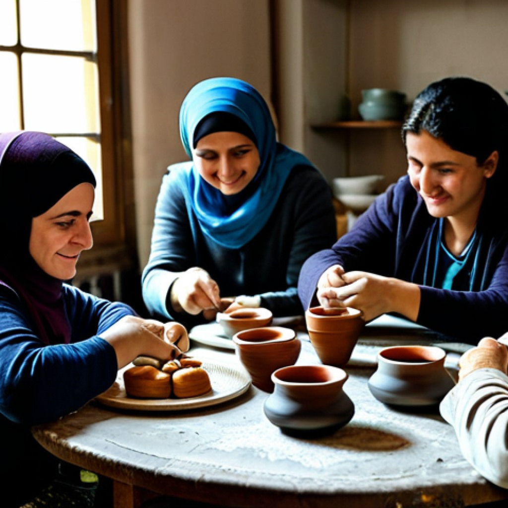 **
"A vibrant, family-friendly scene of a pottery class in Istanbul. Participants, all fully clothed and wearing modest clothing, are focused on their pottery wheels. Turkish tea and pastries are on a table in the background. Natural lighting, professional photography, perfect anatomy, correct proportions, safe for work, appropriate content, professional, well-formed hands, proper finger count, natural body proportions."
**