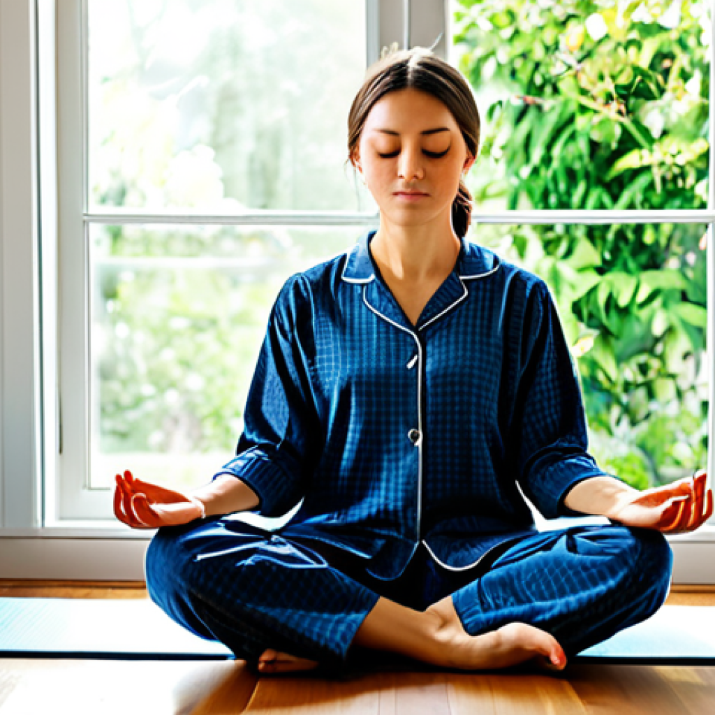 Serene Morning Routine**
"A woman in comfortable, modest pajamas, sitting cross-legged on a yoga mat in a brightly lit, minimalist bedroom. She is meditating peacefully with her eyes closed, a cup of herbal tea beside her. Sunlight streams through a window overlooking a lush garden. Perfect anatomy, correct proportions, well-formed hands, natural pose, fully clothed, safe for work, appropriate content, family-friendly, professional photography, high quality."
**
