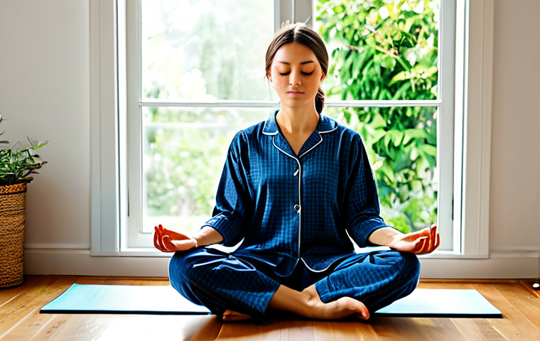 Serene Morning Routine**
"A woman in comfortable, modest pajamas, sitting cross-legged on a yoga mat in a brightly lit, minimalist bedroom. She is meditating peacefully with her eyes closed, a cup of herbal tea beside her. Sunlight streams through a window overlooking a lush garden. Perfect anatomy, correct proportions, well-formed hands, natural pose, fully clothed, safe for work, appropriate content, family-friendly, professional photography, high quality."
**