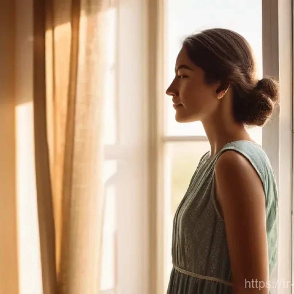 자기 돌봄을 위한 감사의 기적 - **Prompt:** A serene young woman, elegantly dressed in a modest, flowing sundress, stands by a windo...
