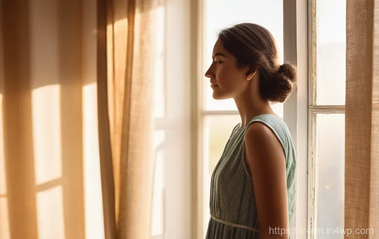 자기 돌봄을 위한 감사의 기적 - **Prompt:** A serene young woman, elegantly dressed in a modest, flowing sundress, stands by a windo...