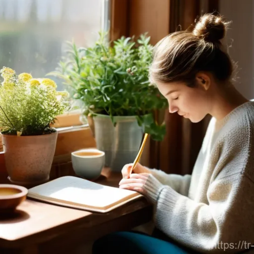 자기 돌봄을 위한 정서적 지원 찾기 - **Prompt:** A young adult peacefully journaling in a cozy, sunlit living room. They are seated comfo...