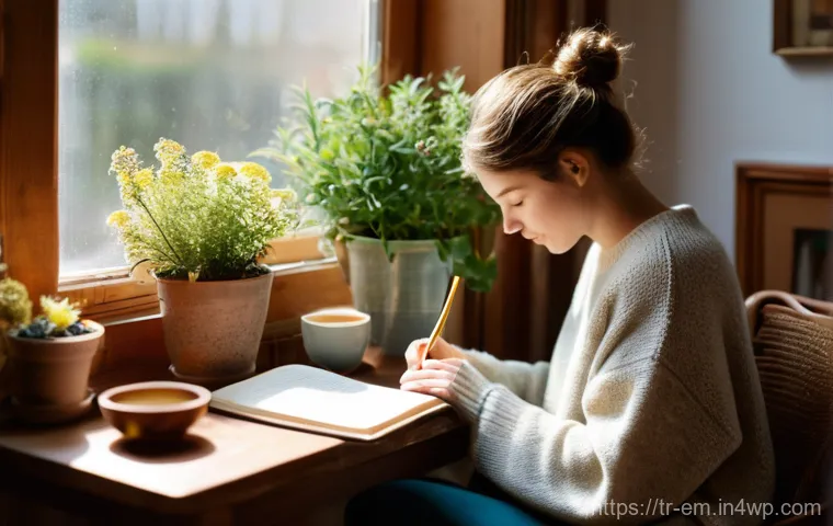 자기 돌봄을 위한 정서적 지원 찾기 - **Prompt:** A young adult peacefully journaling in a cozy, sunlit living room. They are seated comfo...