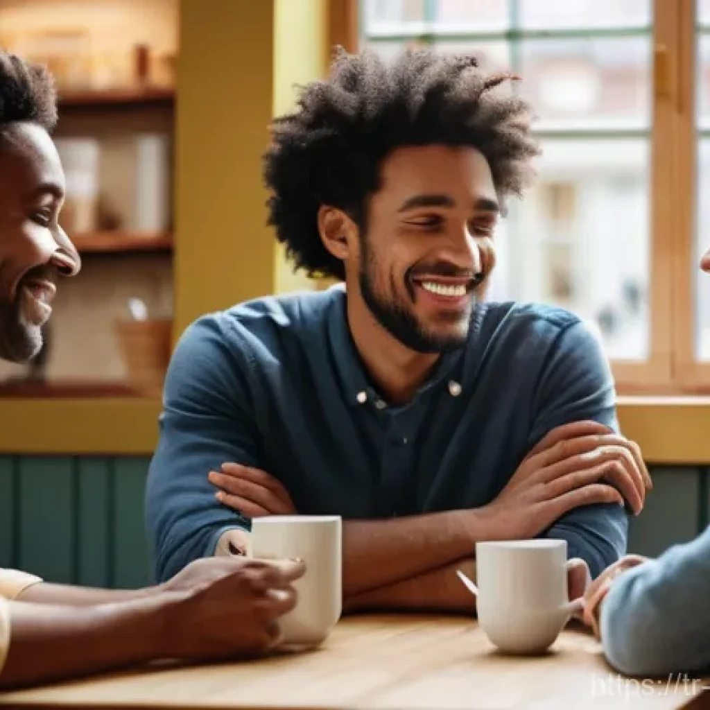 자기 돌봄을 위한 사회적 관계의 중요성 - A group of three diverse friends, two women and one man, in their late 20s to early 40s, are seated ...