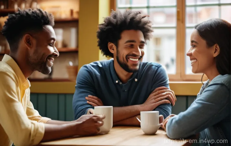 자기 돌봄을 위한 사회적 관계의 중요성 - A group of three diverse friends, two women and one man, in their late 20s to early 40s, are seated ...
