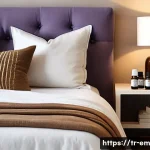Home 20 자기 돌봄을 위한 아로마테라피 활용법 - A cozy, softly lit bedroom scene featuring a diffuser emitting gentle vapor with a blend of lavender...