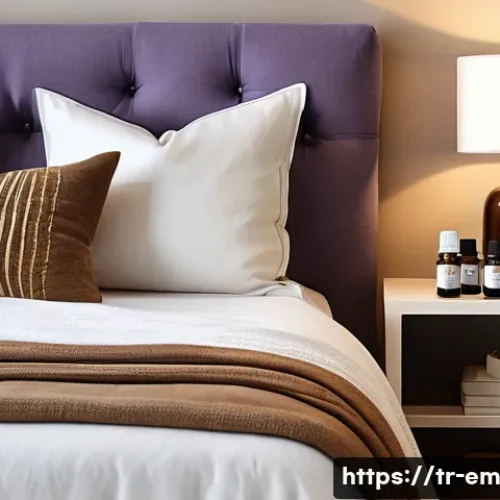 Home 32 자기 돌봄을 위한 아로마테라피 활용법 - A cozy, softly lit bedroom scene featuring a diffuser emitting gentle vapor with a blend of lavender...