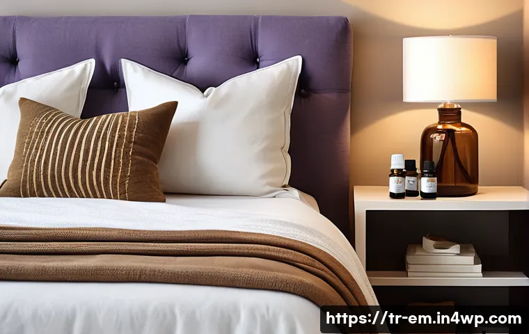 자기 돌봄을 위한 아로마테라피 활용법 - A cozy, softly lit bedroom scene featuring a diffuser emitting gentle vapor with a blend of lavender...