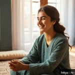 Home 18 자기 돌봄을 위한 긍정적인 자기 대화 기법 - A serene, softly lit scene of a young Turkish woman practicing positive self-talk in front of a mirr...
