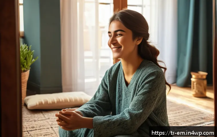 자기 돌봄을 위한 긍정적인 자기 대화 기법 - A serene, softly lit scene of a young Turkish woman practicing positive self-talk in front of a mirr...