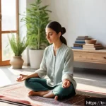 Home 23 자기 돌봄의 지속 가능성을 높이는 방법 - A serene indoor scene showing a young Turkish woman practicing meditation in a cozy, sunlit living r...