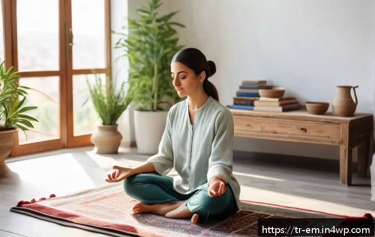 자기 돌봄의 지속 가능성을 높이는 방법 - A serene indoor scene showing a young Turkish woman practicing meditation in a cozy, sunlit living r...