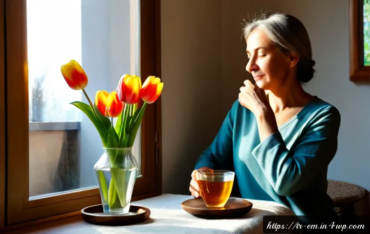 Home 17 자기 돌봄의 심리적 장점 - Photorealistic calm morning self-care scene in a bright Turkish apartment, middle-aged woman in mode...