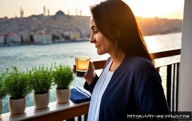 자기 돌봄과 자기 효능감 - Photorealistic morning self-care scene in a bright Istanbul apartment, Turkish woman in her 40s wear...