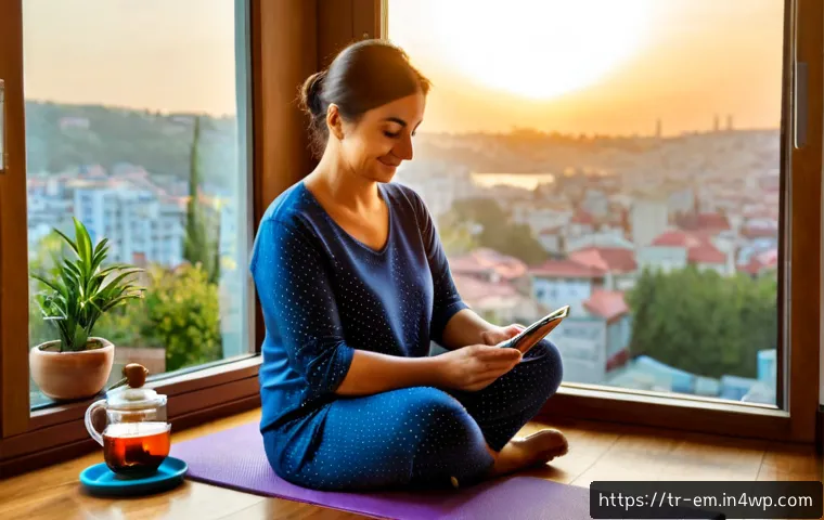 Home 17 자기 돌봄의 지속적인 실천을 위한 습관 만들기 - Photorealistic morning self-care routine in a bright Istanbul apartment, a middle-aged Turkish woman...
